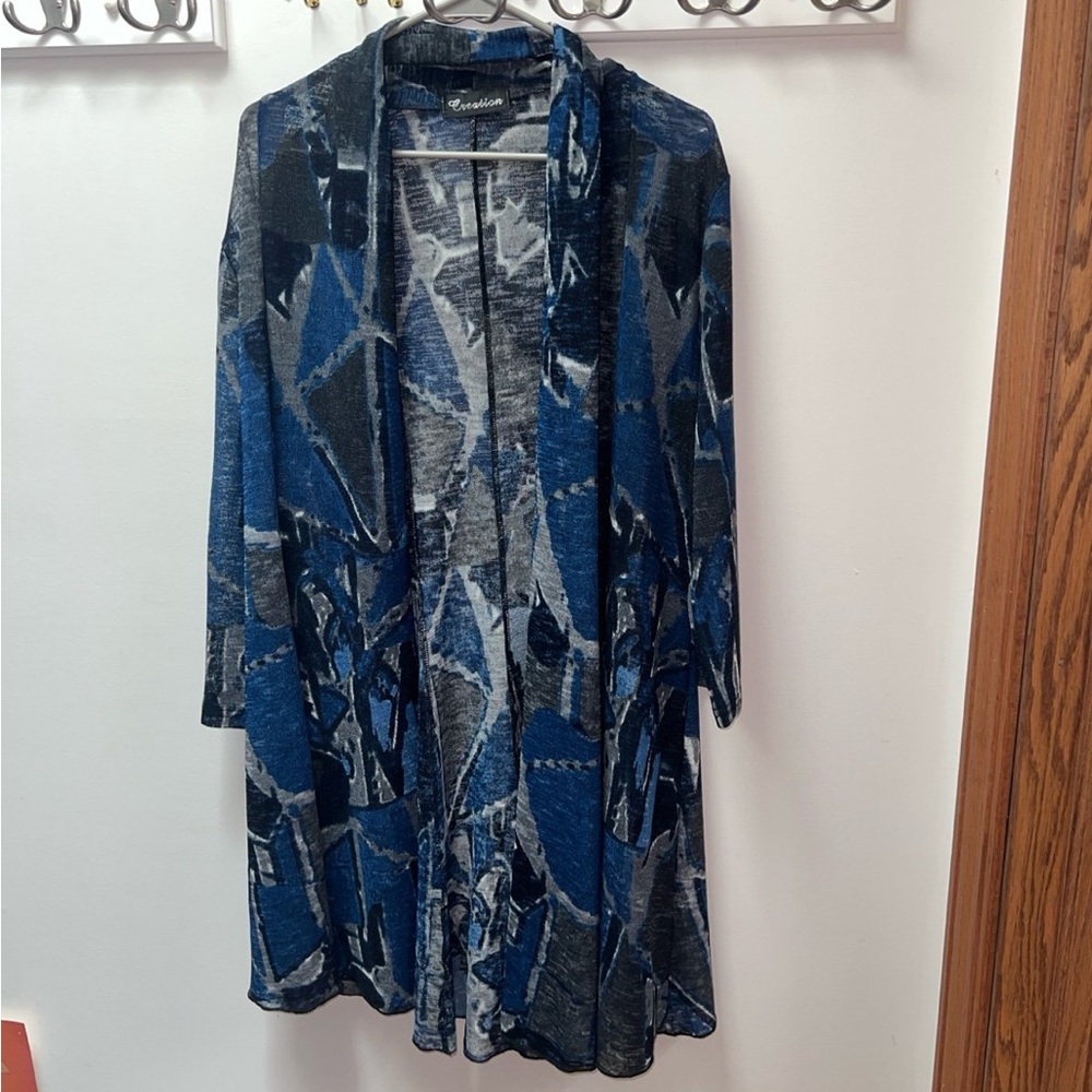 Creation Blue & Black Abstract Print Open Front Cardigan Size XL
